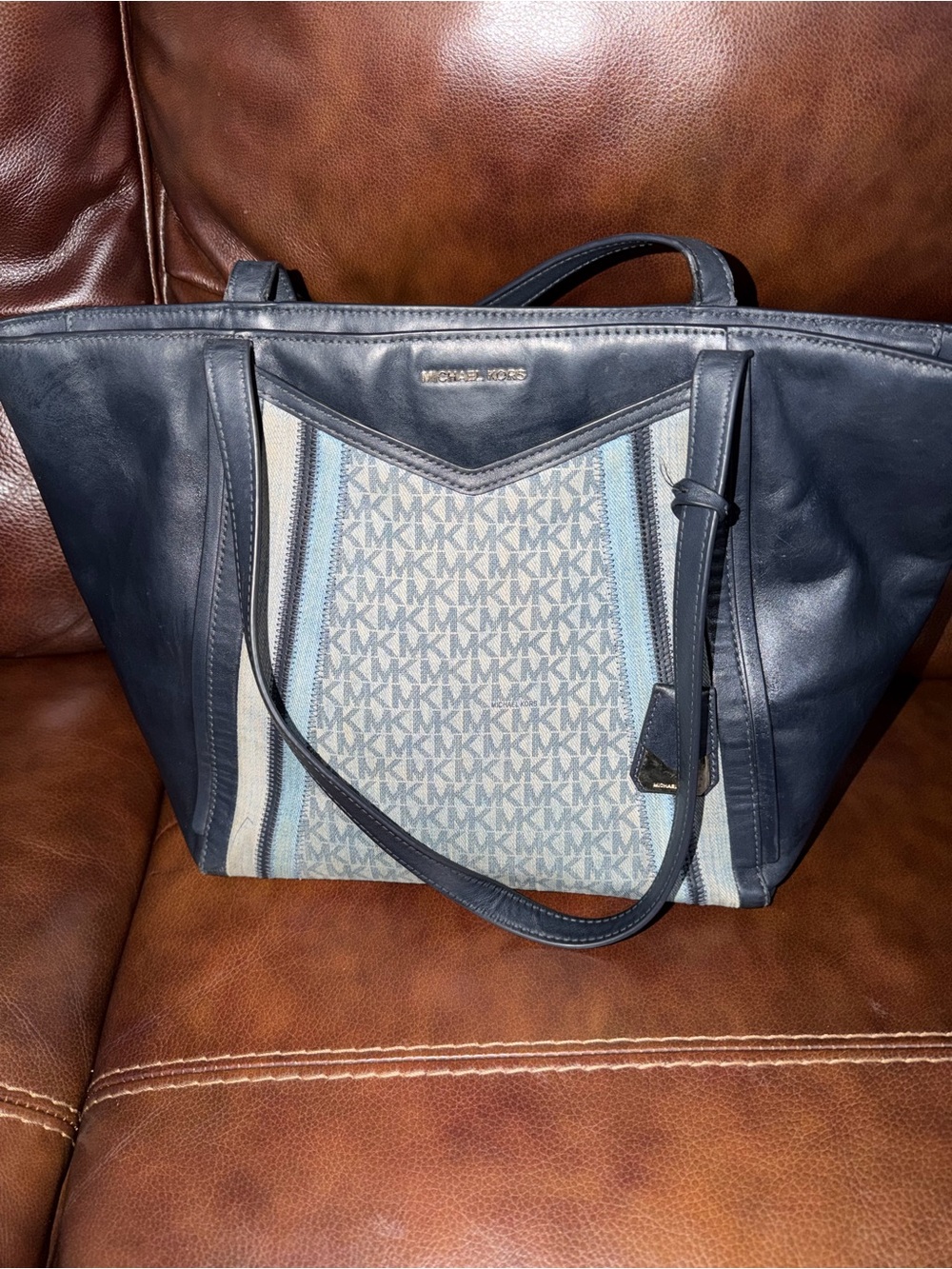 Michael Kors Navy and Light Blue MK Monogram Tote with Cream Accents